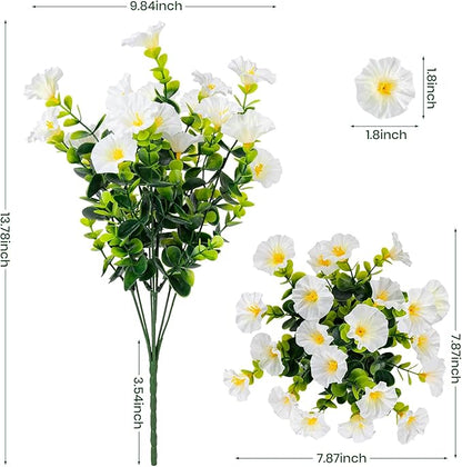 Artificial Faux Flowers for Outdoor 16 Bundles Boxwood Fake Morning Glory for Planter,UV Resistant Fake Flowers for Home Porch Patio Outside（White）
