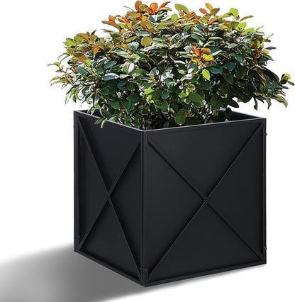 BAYN Metal Square Planter Box Tall Planters for Outdoor Plants Modern Heavy Duty with Drainage Holes for Outside Indoor Patio Deck - Black, 17”x 17”x 18”