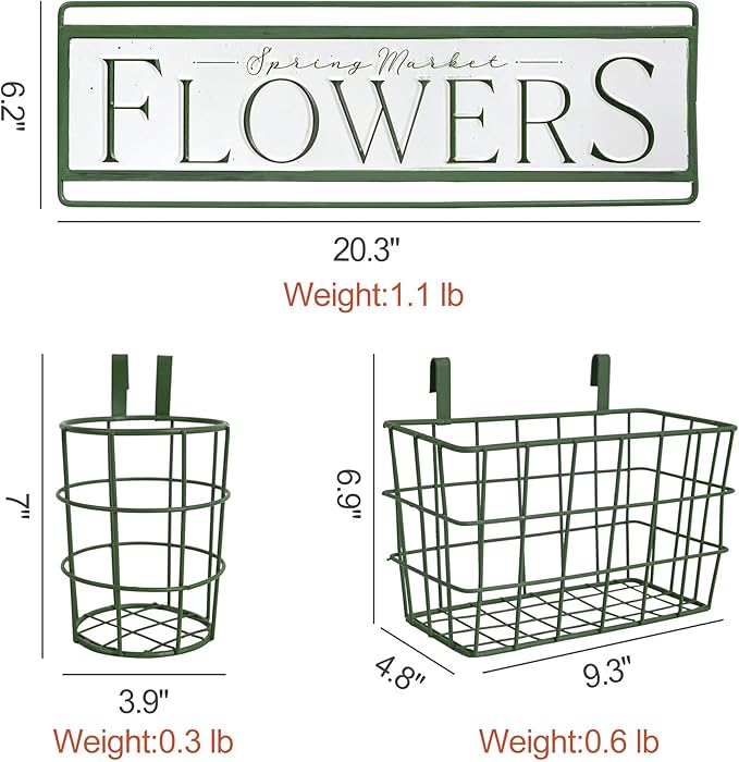 Rustic Spring Market Flowers Wall Planter Set, Farmhouse Metal Hanging Planter with 3 Baskets, Decorative Indoor Outdoor Plant Holder for Succulents, Herbs (Flowers)