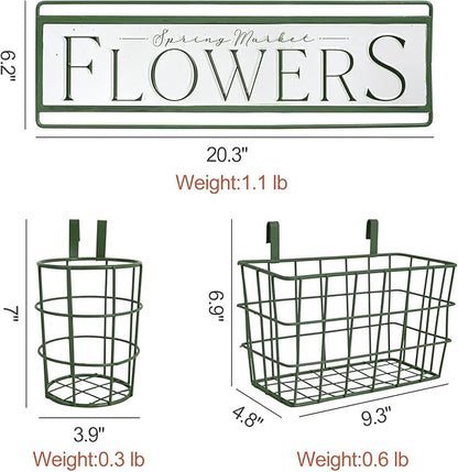 Rustic Spring Market Flowers Wall Planter Set, Farmhouse Metal Hanging Planter with 3 Baskets, Decorative Indoor Outdoor Plant Holder for Succulents, Herbs (Flowers)