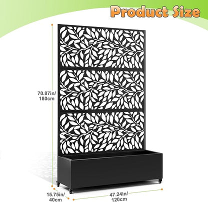 Metal Raised Garden Bed with Trellis, 2 in 1 Trellis with Planter Box & Privacy Screen for Climbing Plants, Vine, Outdoor Standing Flower Beds with Drainage Holes,47.2" L x 16.7" W x 70.8" H,(Black)