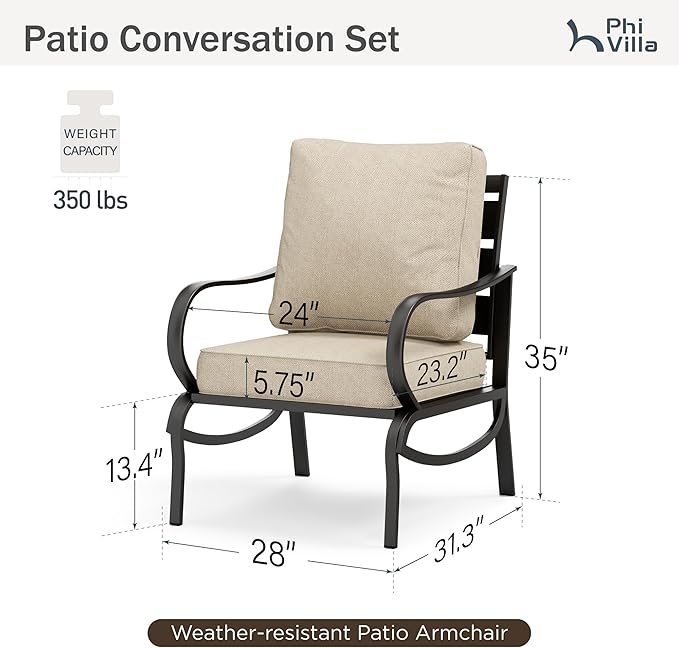 PHI VILLA Patio Furniture Conversation Set for 2, Deluxe Outdoor Patio Set with 2 Stable Padded Sofa Chair