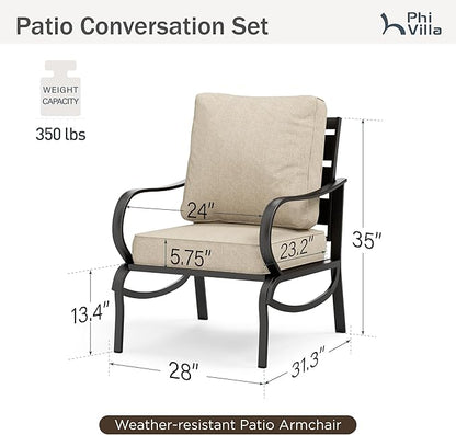 PHI VILLA Patio Furniture Conversation Set for 2, Deluxe Outdoor Patio Set with 2 Stable Padded Sofa Chair