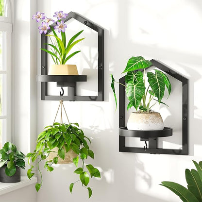LASZOLA 2 Pcs Black Wall Mount Plant Shelves with Hangers for Indoor Flower, Heavy Duty Metal Window Floating Planter Holders Stand, Iron Modern Picture Frame Decorative for Bathroom Kitchen with Hook