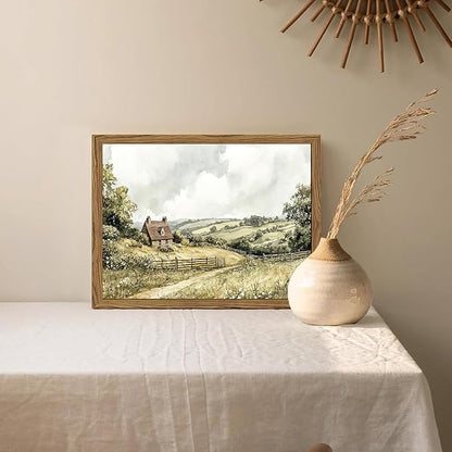 Framed Vintage Canvas Wall Art, Cottage Landscape Wall Decor Paintings, Rustic Farmhouse Pictures Prints Aesthetic Home Decor for Living Room Bedroom Bathroom 12x16 inch