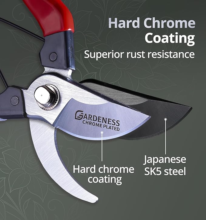 Gardeness Japanese Pruning Shears, Professional Bypass Heavy Duty Garden Pruner Secateurs – Lightweight Easy Grip Hand Pruners Branch Clippers for Gardening, Trimming, Harvesting. Made in Taiwan