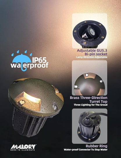 MALORY Brass Top Cover Landscape Well Lights, （5‘’H） Low Voltage Outdoor In Ground Lights, 12V Landscape Lighting for Pathway, Driveway and Garden (Three-Direction Turret, 1-Pack with Bulb)
