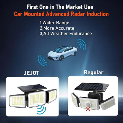 Solar Security Light Outdoor Super Bright LED w/Remote Control, Radar Motion Sensor Flood Light, 3 Heads 270° Wide Angle, IP65 Waterproof, 3 Modes (2 Packs)