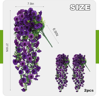 Artificial Hanging Flowers for Outdoor, 2 PCS Silk Morning Glory Faux Flowers with Eucalyptus Leaves,Realistic Hanging Plants for Wedding Home Office Garden Decor