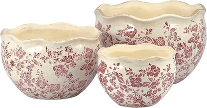 Galt International Ceramic Plant Pots Set of 3 Rustic Vintage Farmhouse Cream Crackle Glaze (11"/ 9.6"/ 7") Garden Indoor Outdoor Flower Planter w/Drainage Hole (Vintage Red)