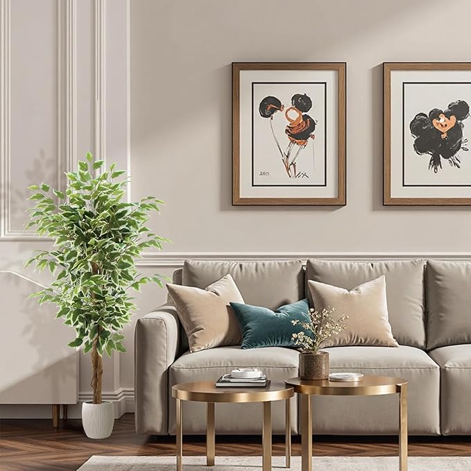 Ficus Tree Artificial, 4FT Realistic Fake Tree for Indoor, Faux Ficus Tree with Natural Wood Trunks Branch Leaves for Home, Office, Corner, Living Room, Bedroom, Porch, Garden Outdoor Decor