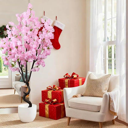 7FT Artificial Cherry Blossom Tree Beautiful Sakura Flower Tree Indoor Faux Pink Tree for Home Christmas New Year Decor