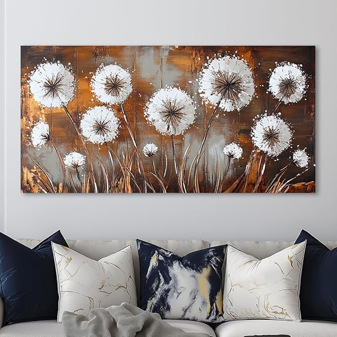 Dandelion Flower Wall Art Canvas Countryside Flower Field Pictures Wall Decor Wildflower Pictures Dandelions Painting White Bloosom Artwork Modern Landscape for Farmhouse Bathroom Living Room Bedroom Office (16x32 Inches)