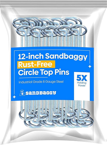 Sandbaggy 12-inch Circle Top Pins - Landscape Staples (Galvanized) - Garden Stakes for Landscaping, SOD - Heavy Duty Ground Stakes, Lawn Turf Spikes, Christmas Decorations, Weed Mats (300 Pins)