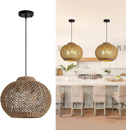 17IN Rustic Farmhouse Pendant Lights, 3-Lights Boho Rattan Hand-Woven Hanging Light Fixture, Natural Seagrass Weaving Ceiling Chandelier for Kitchen Island Entry Living Room Dining Room Bedroom