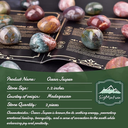 Polished Ocean Jasper Crystal Stones - 2 Pcs of 1.2" Worry Stone for Anxiety, Pocket Palm Stone Super Large Handpicked Natural Tumbled Gemstones for Meditation, Reiki, Chakra Healing, Home Decor