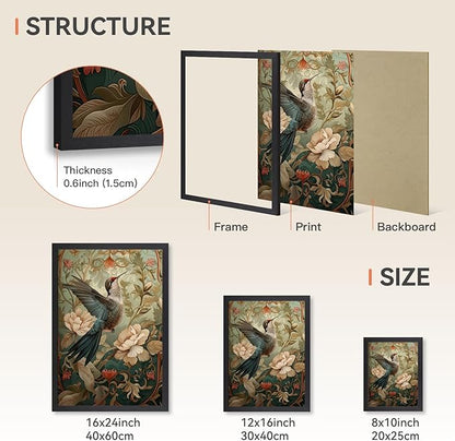 CAZLOUC Vintage Hummingbird Wall Art, William Morris Flower Wall Decor, Nature Floral Aesthetic Picture, Neutral Botanical Canvas Print for Living Room Bedroom Bathroom Office Wood Framed 16x24 Inch