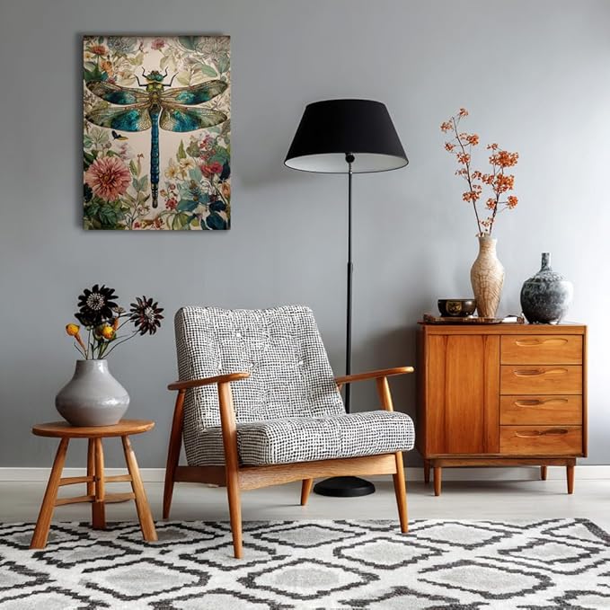 GDSRGXC Vintage Botanical Dragonfly Canvas Wall Art, Turquoise and Gold Insect Print with Floral Background, Nature Home Decor (16''x24'')