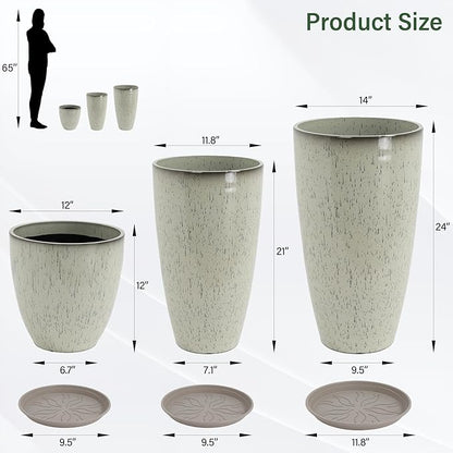 24/21/12 Inch Large Plastic Planter, Lightweight Ceramic-Look Tall Planters with Drain Hole & Saucers, Tall Plastic Planters for Porch, Garden, Patio, Balcony(Glaze Beige)