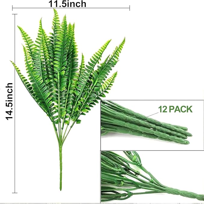 TURNMEON 12 Bundles Fake Boston Fern Artificial Plants Outdoor Spring Decor, UV Resistant Faux Plants Flowers Plastic Greenery Shrubs for Outside Indoor Home Gardens Patio Yards Porch Summer Decor