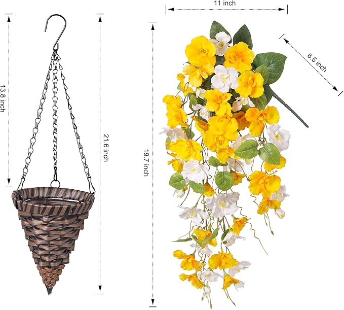 HyeFlora Artificial Fake Hanging Flower Plants Basket for Outdoors Decoration, Faux Silk Hibiscus Long Vines in Planter UV Resistant Realistic Flowers for Outside Patio Porch Home Decor (YellowWhite)