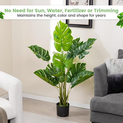 GOFLAME Artificial Monstera Deliciosa Plant, 4ft Potted Faux Tree with 10 Verdant Fake Leaves, Swiss Cheese Plant for Home Decor Indoor, Outdoor, Home, Office, 2 Pack