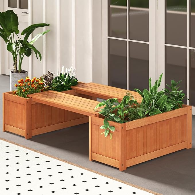 2 Pack Outdoor Planter Benches, 45 Gallon Outdoor Bench Wooden Raised Garden Bed with Planter Box, 2-in-1 Wood Planter Bench Deck Plant Box for Porch, Patio, Garden & Backyard