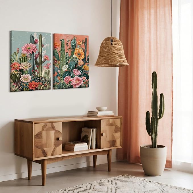 RUMSICH 2Pieces Mexican Cactus Canvas Wall Cover Art Vintage Desert Floral Wall Decor Paintings Southwestern Artwork Pictures Bohemian Botanical Posters Print Bedroom Bathroom Office Decor 16×24 Inch