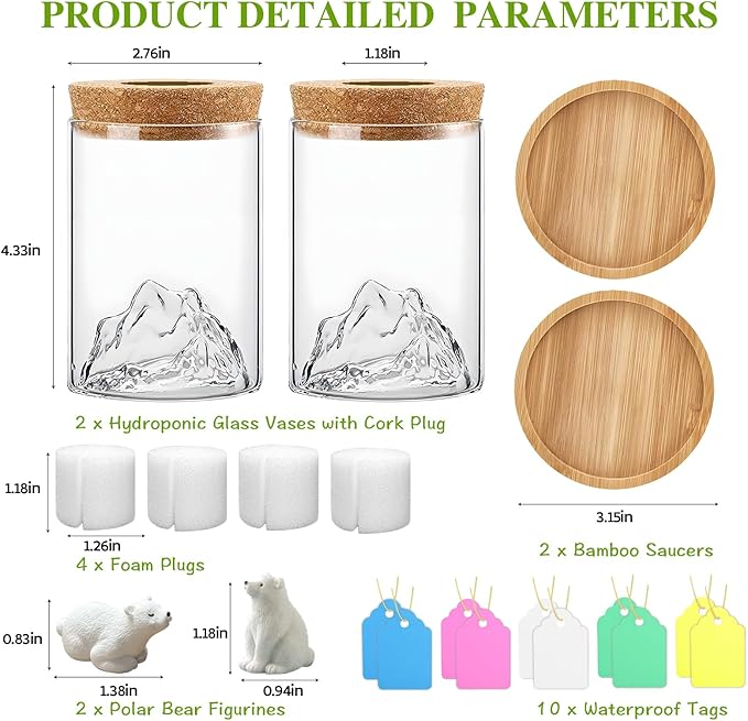 Plant Propagation Stations, 2Pcs Desktop Plants Terrarium Glass Hydroponic Vases with Bamboo Saucer, Water Plants Jars, Mountain-Shaped Bottom, Ideal Gifts for Women Mon Plant Lovers