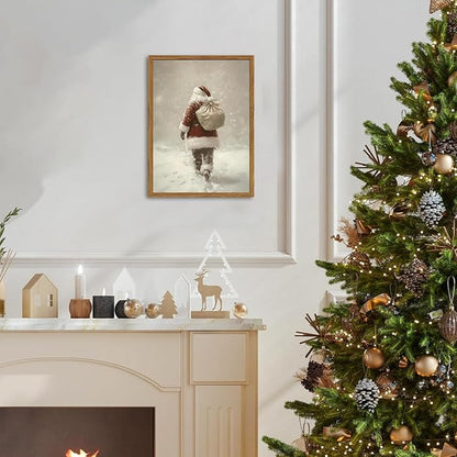 Framed Vintage Christmas Canvas Wall Art, Rustic Santa Claus Walking Snowy Wall Decor Paintings, Winter Holiday Aesthetics Pictures Print Christmas Home Decor for Living Room Bedroom 16x24inch