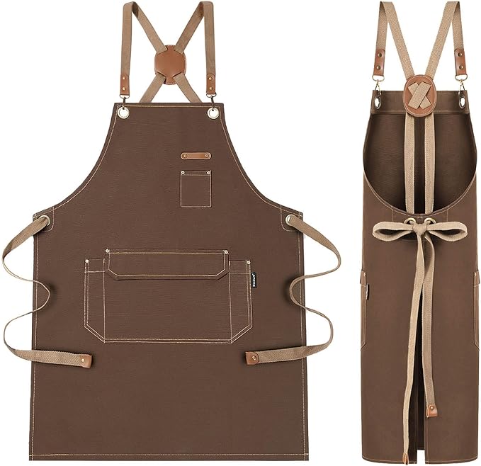 Chef Apron with Cross Back Straps for Men Women, Cotton Canvas Apron for Artists Painting, Kitchen Cooking