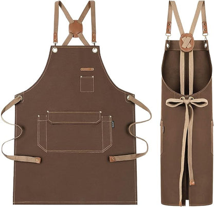 Chef Apron with Cross Back Straps for Men Women, Cotton Canvas Apron for Artists Painting, Kitchen Cooking