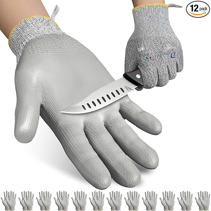 Dowellife 12 Pairs Level 5 Cut Resistant Work Gloves for Men and Women, PU Coated Breathable Gardening Gloves, Thin Flexible and Firm Grip for Mechanics and Fishing (Small, Grey)