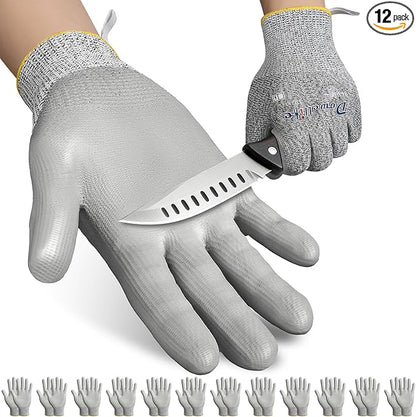 Dowellife 12 Pairs Level 5 Cut Resistant Work Gloves for Men and Women, PU Coated Breathable Gardening Gloves, Thin Flexible and Firm Grip for Mechanics and Fishing (Small, Grey)