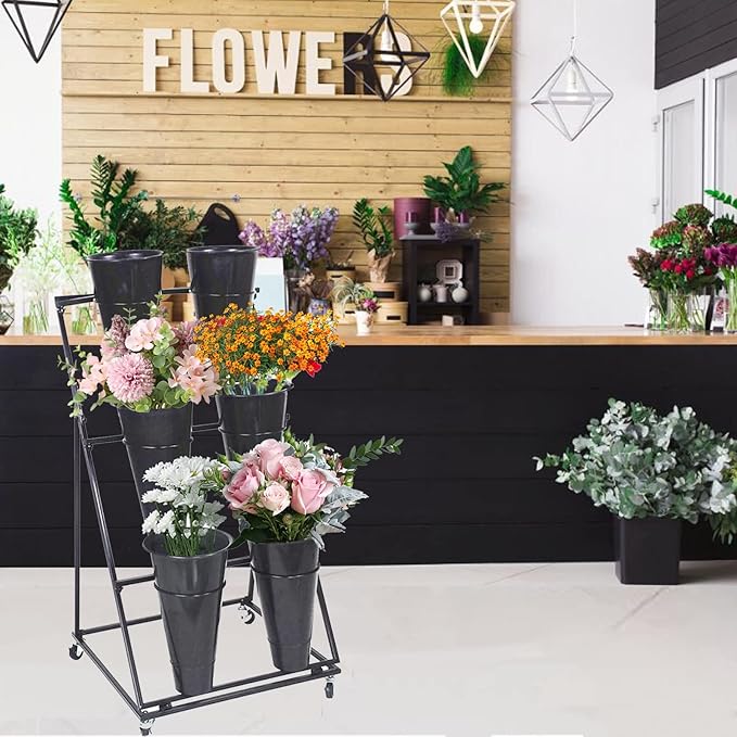 Flower Display Stand, Mobile Plant Cart shelve with Wheels, with Plastic Buckets, Easy to Install, Stepped Plant Stand, Suitable for Indoor and Outdoor Balcony Courtyard Garden Art Exhibitions ( Color