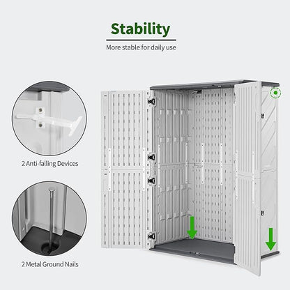 Macrout 50 Cu.Ft Plastic Outdoor Storage Cabinet with Floor, 4.3 x 2.5 ft Waterproof Resin Outdoor Storage Shed, Lockable Vertical Shed for Garden and Patio
