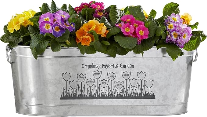 Let's Make Memories Personalized Planter Tub for Mom Grandma Wife - Custom Engraved Decorative Metal Flower Pot - for Mothers Day from Family Daughter Son Kids - 5.5 Gallons - Tulip Design