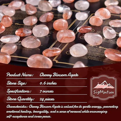 Cherry Blossom Agate Healing Crystal Stone Set - 24 Pieces, 0.6" Natural & Polished Stones for Healing, Meditation, Reiki, Chakra, Crafting & Decoration