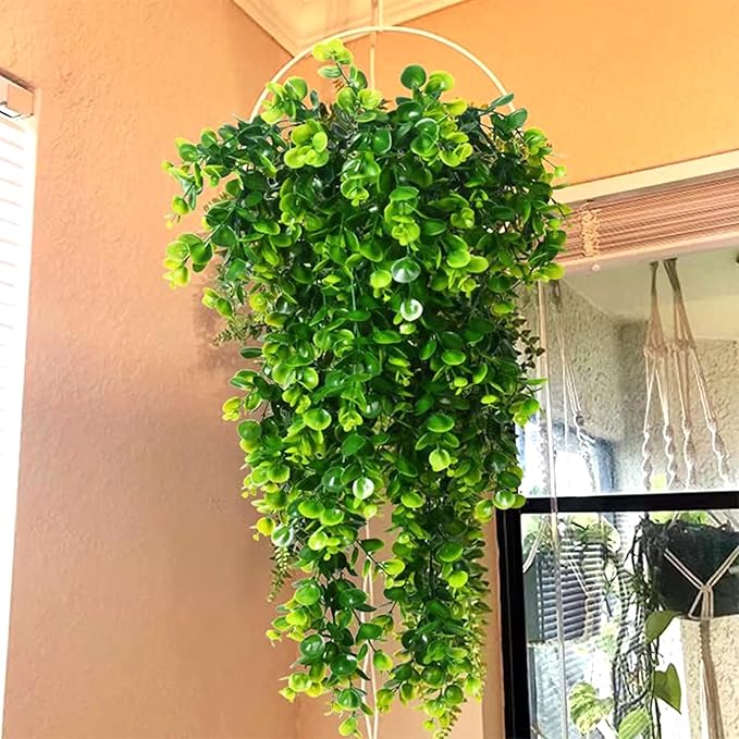 Fake Plants 2 Pack Artificial Hanging Plants, Faux Eucalyptus Plants Plastic Leaves Greeny Decor for Indoor Outdoor Walls, Patio Decor Porch Decor, Weddings and Halloween Christmas Decoration