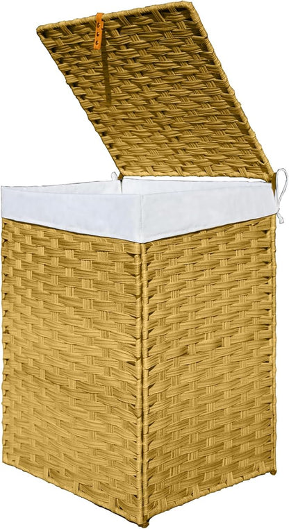 Woven Rattan Laundry Hamper with Lid & Handles,90L Foldable Laundry Basket Includes Machine Washable Removable Liner with 2 Compartments for Storage Basket for Bedroom, Bathroom(Yellow)