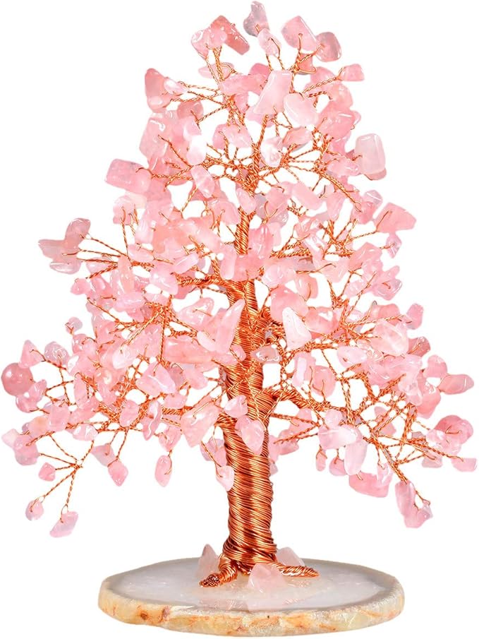 mookaitedecor Natural Rose Quartz Crystal Tree with Agate Slice Geode Base Money Tree Desk Home Decoration for Wealth and Luck 5"-6"