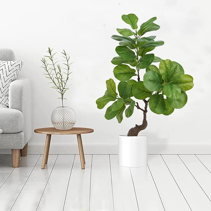 4 Ft Artificial Fiddle Leaf Fig Tree, Indoor Outdoor Fake Potted Tree with Trunks Artificial Tree Realistic Fake Plant for Modern Home Office Living Room Floor Decor