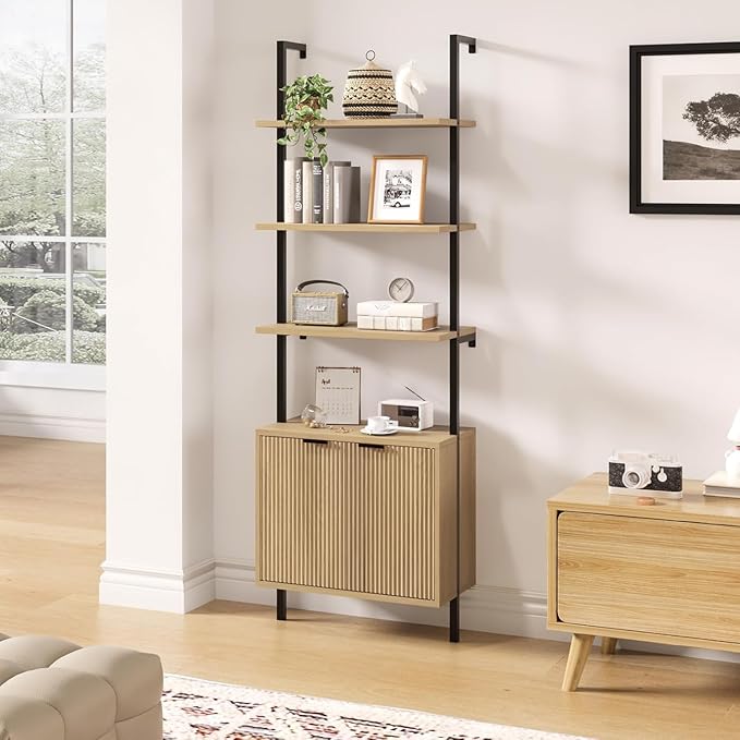 Set of 2 Ladder Bookshelf with Cabinet, 71" Tall Bookcase with Shelves & Storage, Fluted Ladder Shelf with Metal Frame, 6-Tier Display Rack for Living/Bedroom, Home & Office, Natural & Black