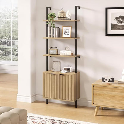 Set of 2 Ladder Bookshelf with Cabinet, 71" Tall Bookcase with Shelves & Storage, Fluted Ladder Shelf with Metal Frame, 6-Tier Display Rack for Living/Bedroom, Home & Office, Natural & Black
