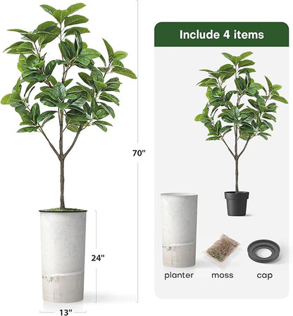 Artificial Tree in Gray Tan Watercolor Abstract Planter, Fake Magnolia Tree for Indoor and Outdoor Home Decoration - 70" Overall Tall (Plant Pot Plus Tree)