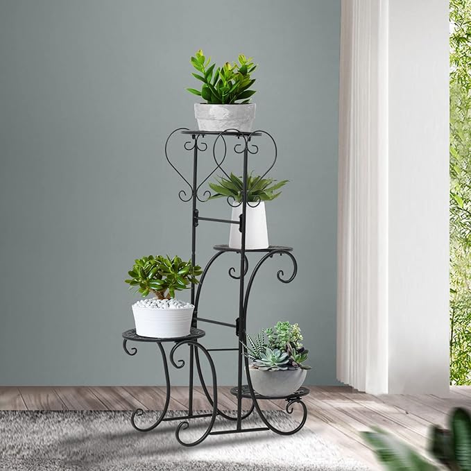 32inch Tall Metal Plant Stand Multi Tiered 4 Tier Multiple Flower Pots Holder Shelf Rack Display Stand Wrought Iron Planter Display Rack Potted Planter Shelves Organizer for Patio Balcony Garden