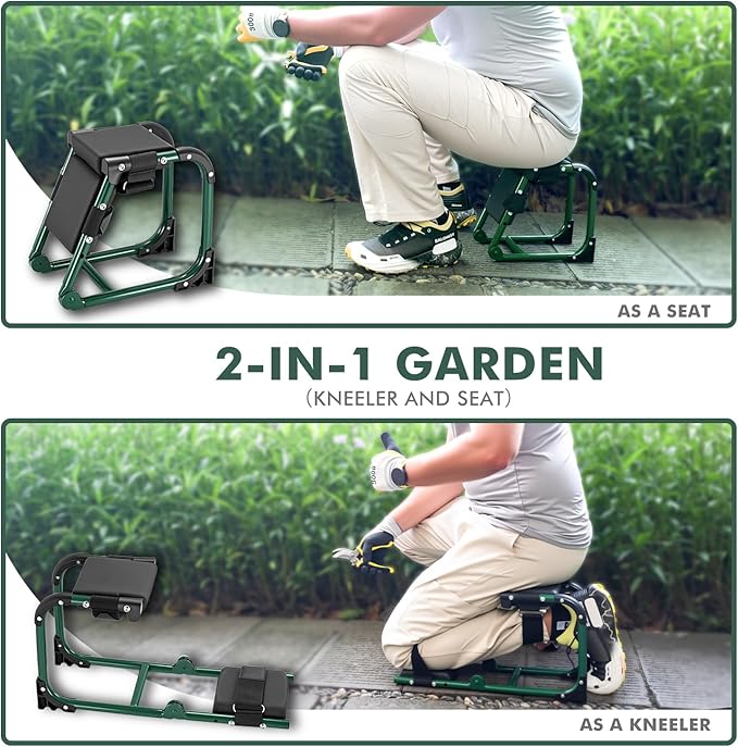 Ergonomic Knee Seat, Foldable 2-in-1 Garden Kneeler and Seat, with Adjustable Kneeling Pad and Soft Seat Cushion, Supports Up to 350 LBS