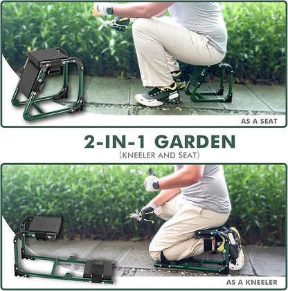 Ergonomic Knee Seat, Foldable 2-in-1 Garden Kneeler and Seat, with Adjustable Kneeling Pad and Soft Seat Cushion, Supports Up to 350 LBS