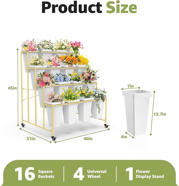 4 Layers Flower Display Stand with Buckets, 16 PCS Buckets Plant Stand with Wheels, Movable Metal Plant Stand for Terrace Garden, Living Room, Florist Shop