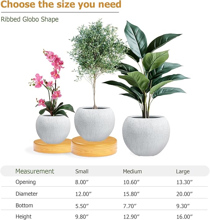 16" H x 20" D Ribbed Globo Fiberstone Round Planter with Drainage Hole, Weather Resistant for Indoor and Outdoor Use, Included 2 Extra Coco Mats (Speckled White, 13.5" Pot Opening)